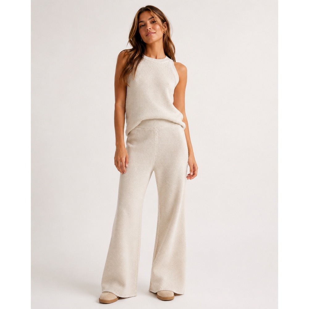 Urban Revivo Knit Wide Leg Pants L Beige Textured High Rise Coastal Minimalist